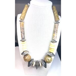 Tribal Statement Necklace 22in Acrylic Brass Bead  Carved Soapstone Silver Tone